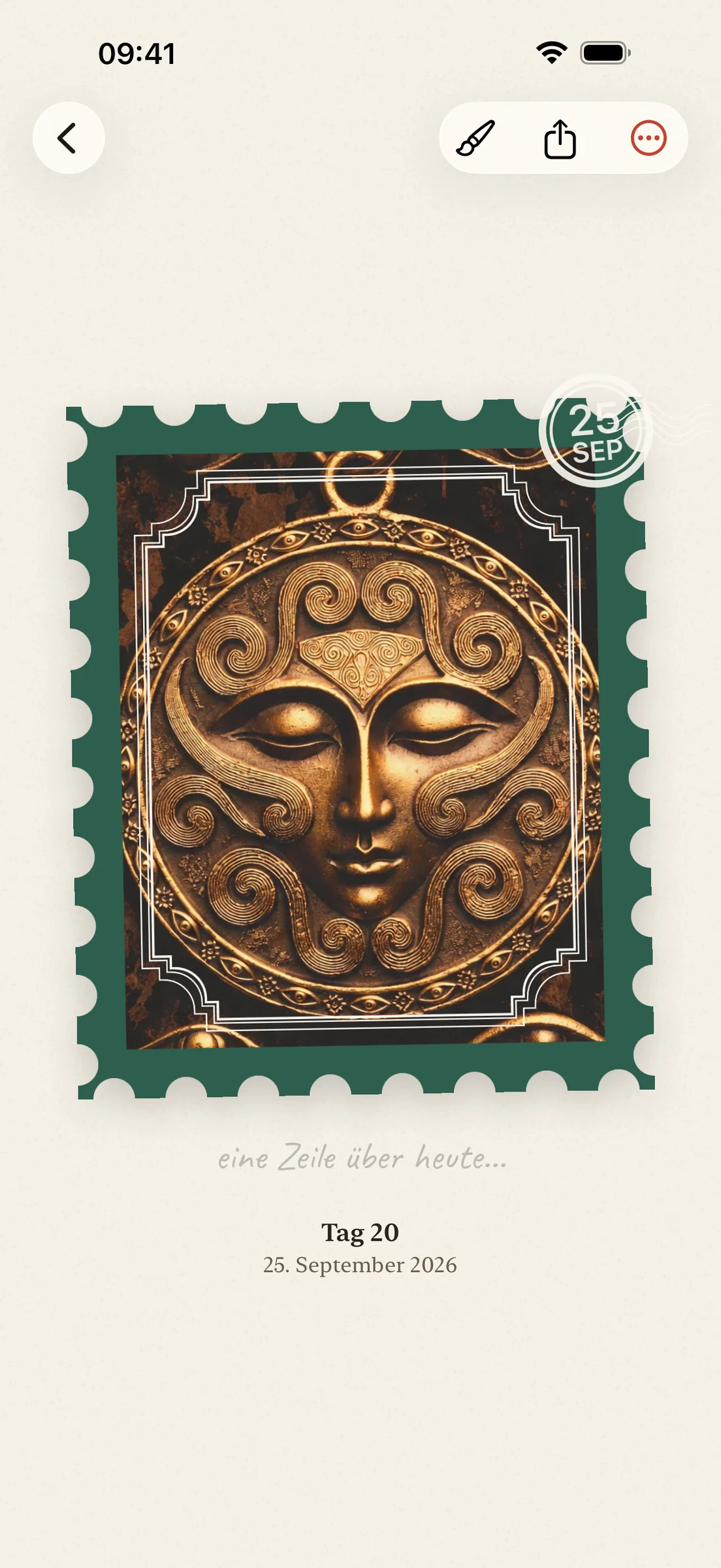 Ein fertiger Schnipsel in scrapeaday: ein echtes Foto als Briefmarke, mit dem Poststempel und dem Datum darunter.