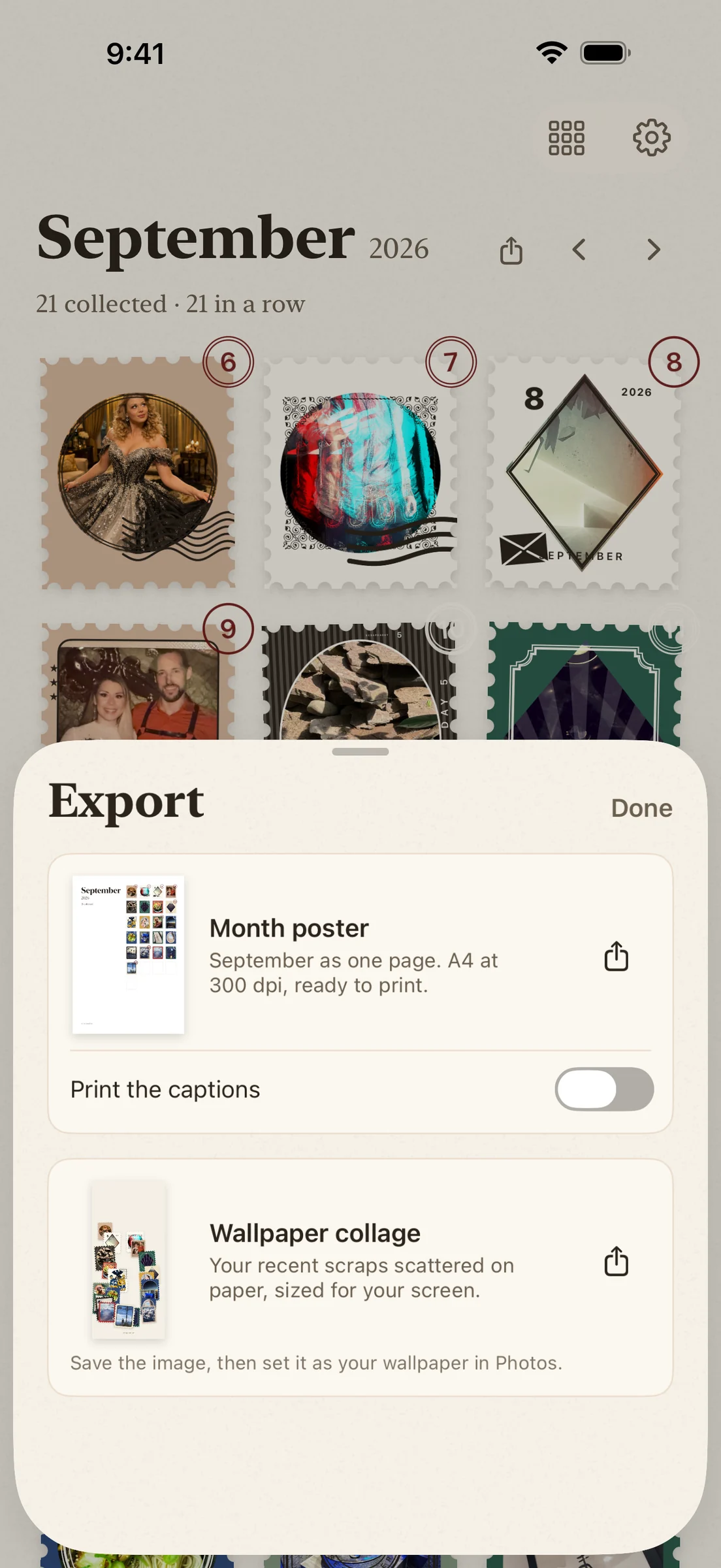 The scrapeaday export sheet: the month poster for printing, the switch to print the captions, and the wallpaper collage.